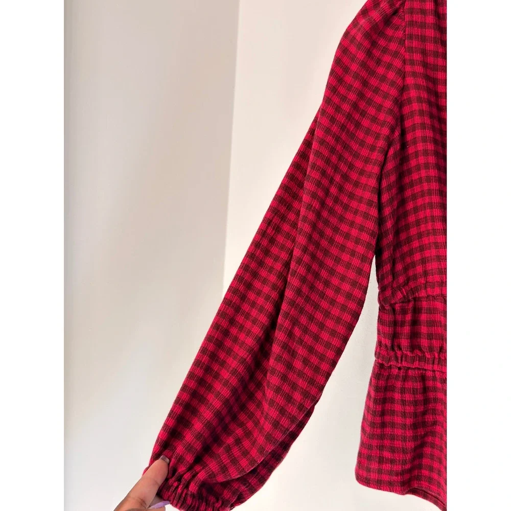 Madewell Crinkled‎ V-Neck Peplum Top Plaid Hibiscus Blouse Crinkled Drapey Small